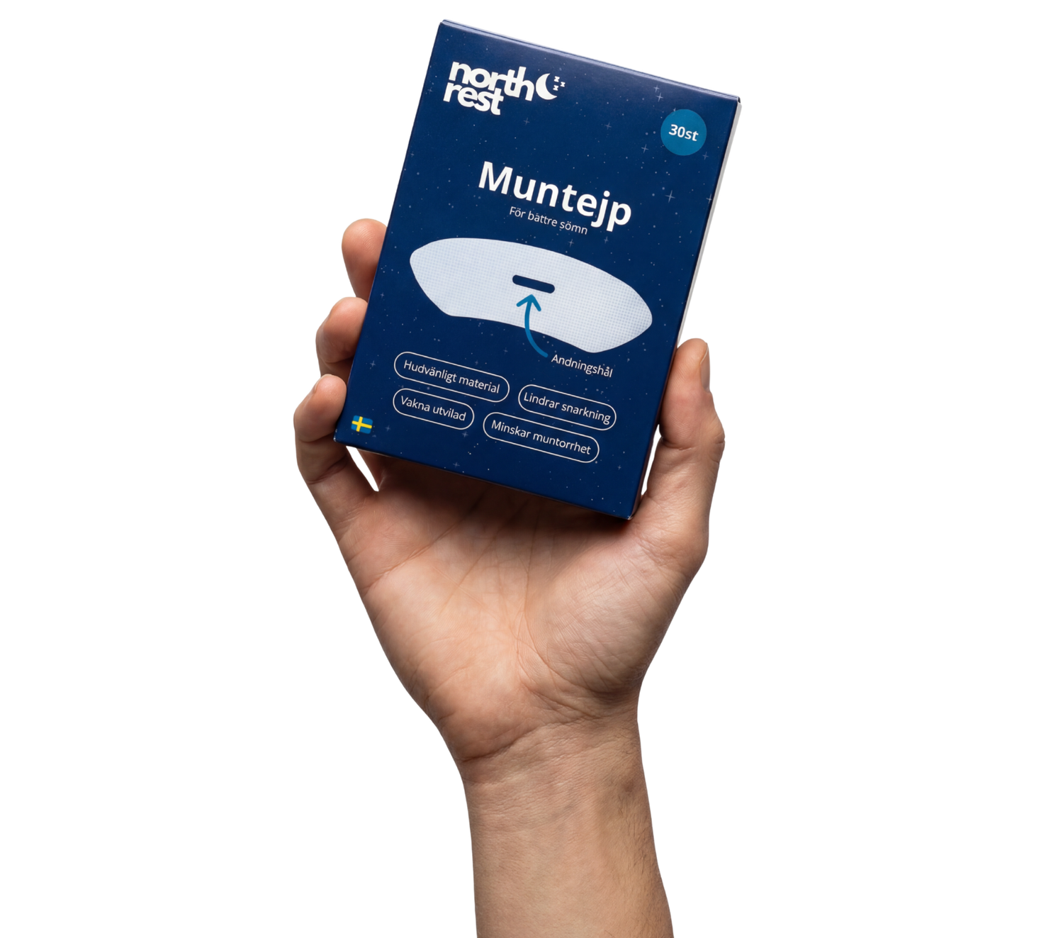 Hand som håller i muntejp förpackning